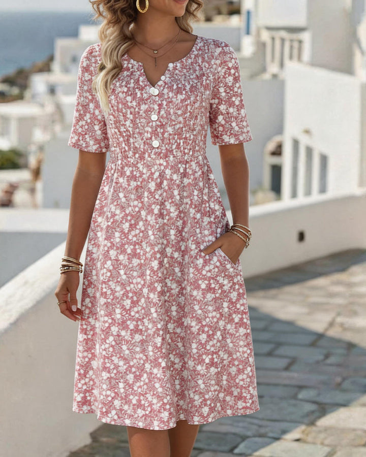 V-Neck Short-Sleeved Floral Dress