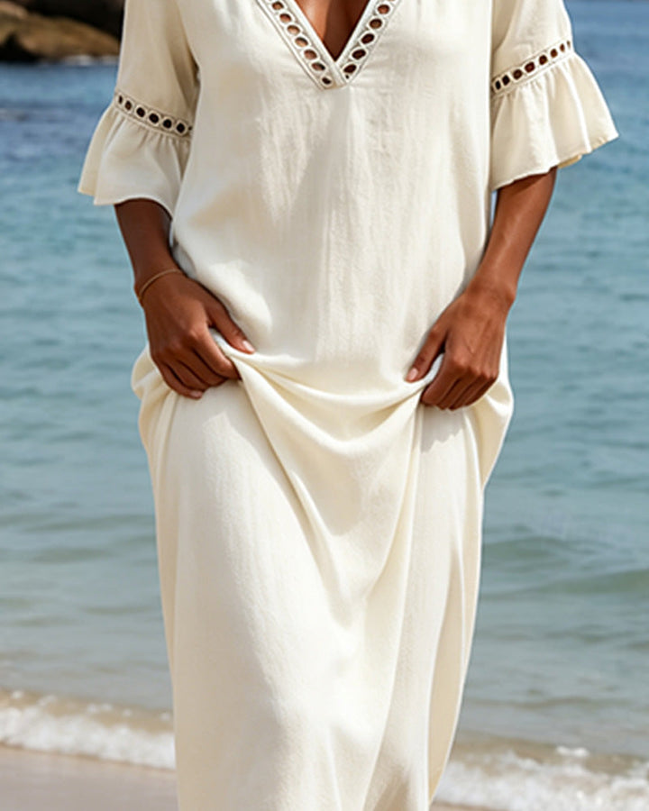 Deep V Ruffle Sleeve Hollow Lace Dress