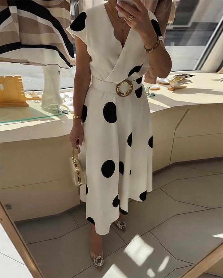 Polka Dot V-Neck Waist-Cinching Dress