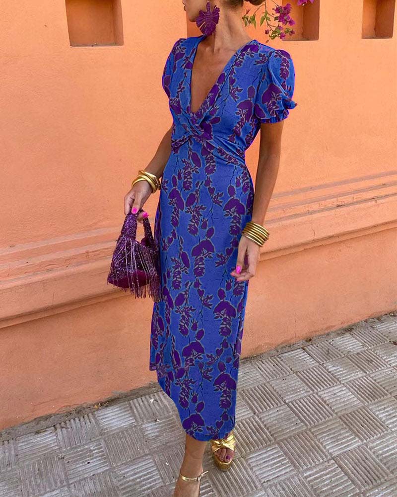 Elegant Leaf Print Deep V Puff Sleeve A-Line Dress