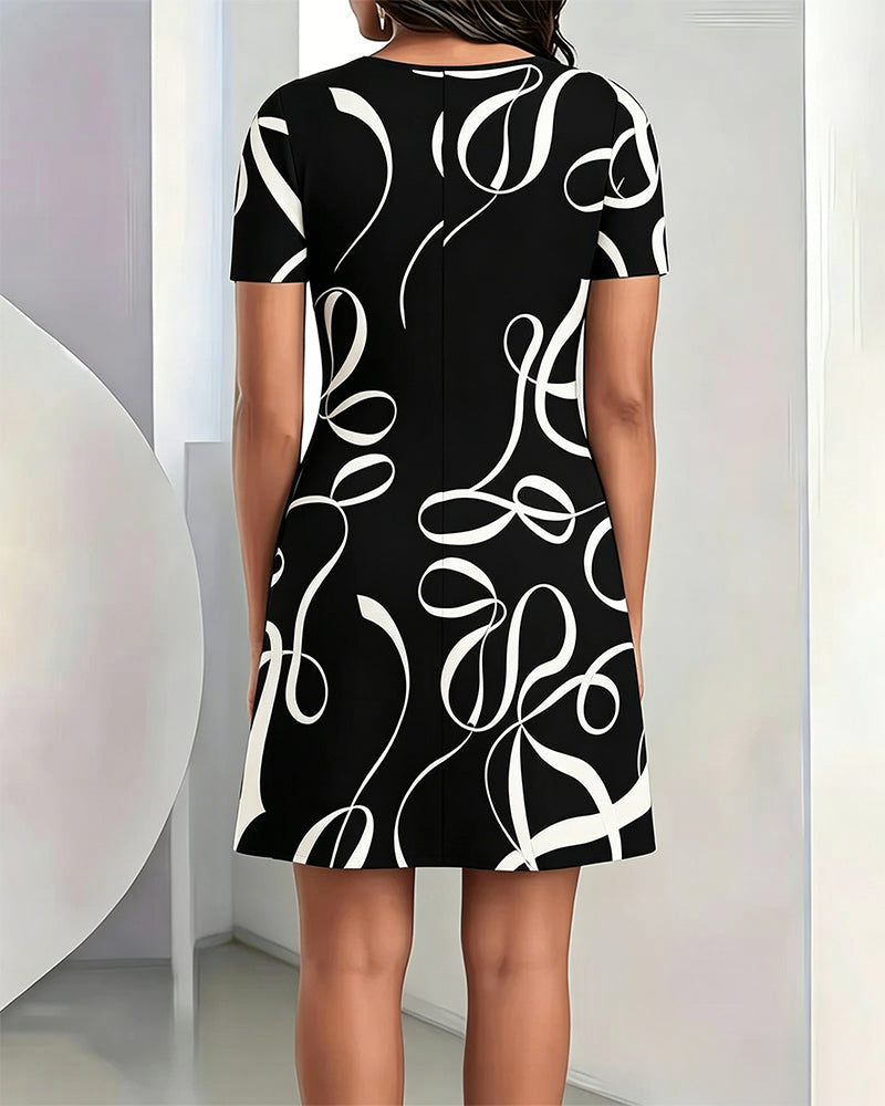 Line Print Crew Neck Dress