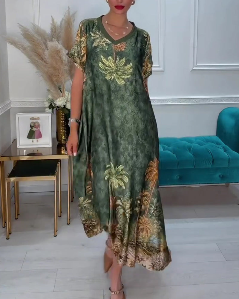 V-Neck Palm Tree Print Short Sleeve Long Dress