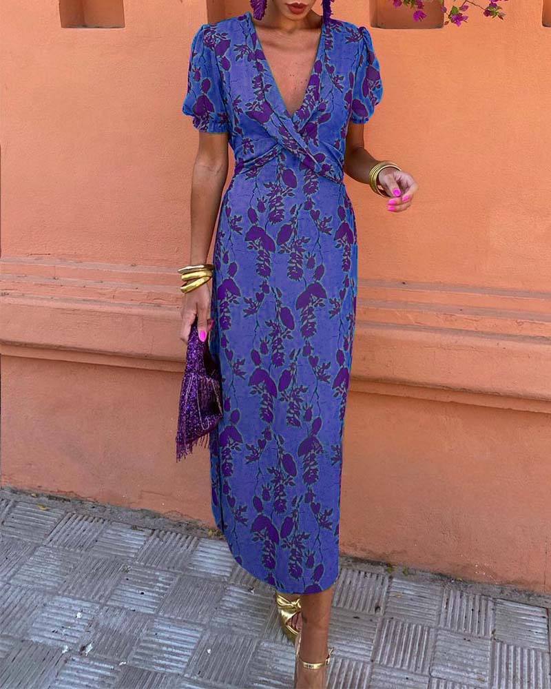 Elegant Leaf Print Deep V Puff Sleeve A-Line Dress