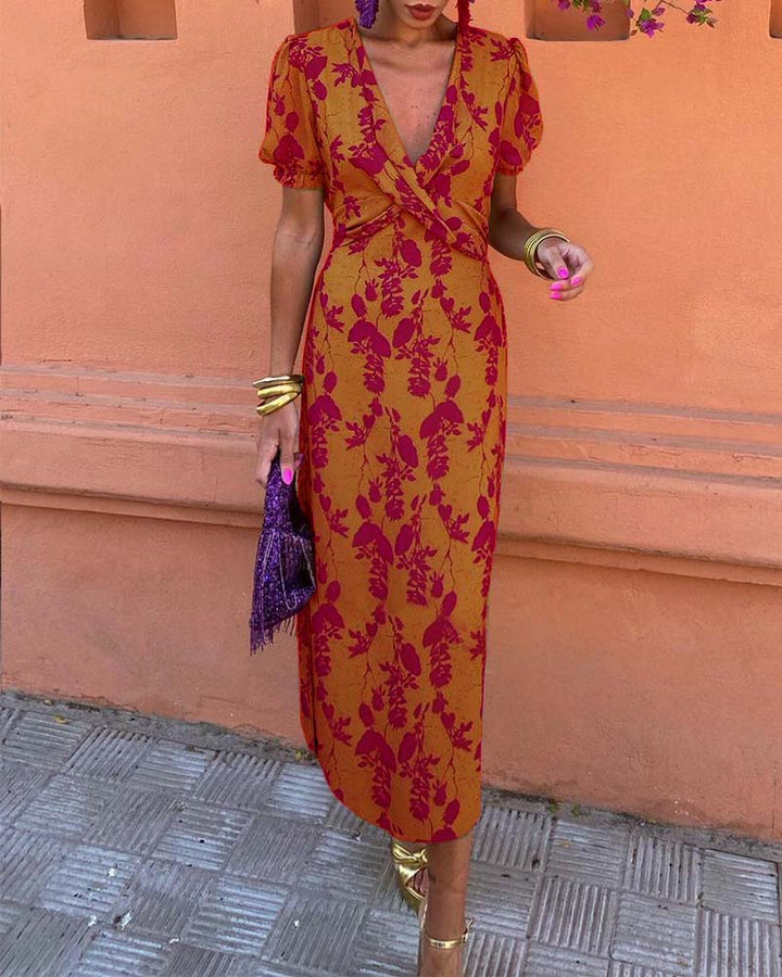 Elegant Leaf Print Deep V Puff Sleeve A-Line Dress