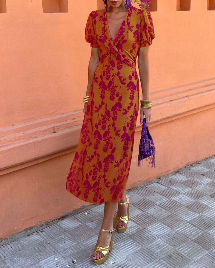 Elegant Leaf Print Deep V Puff Sleeve A-Line Dress