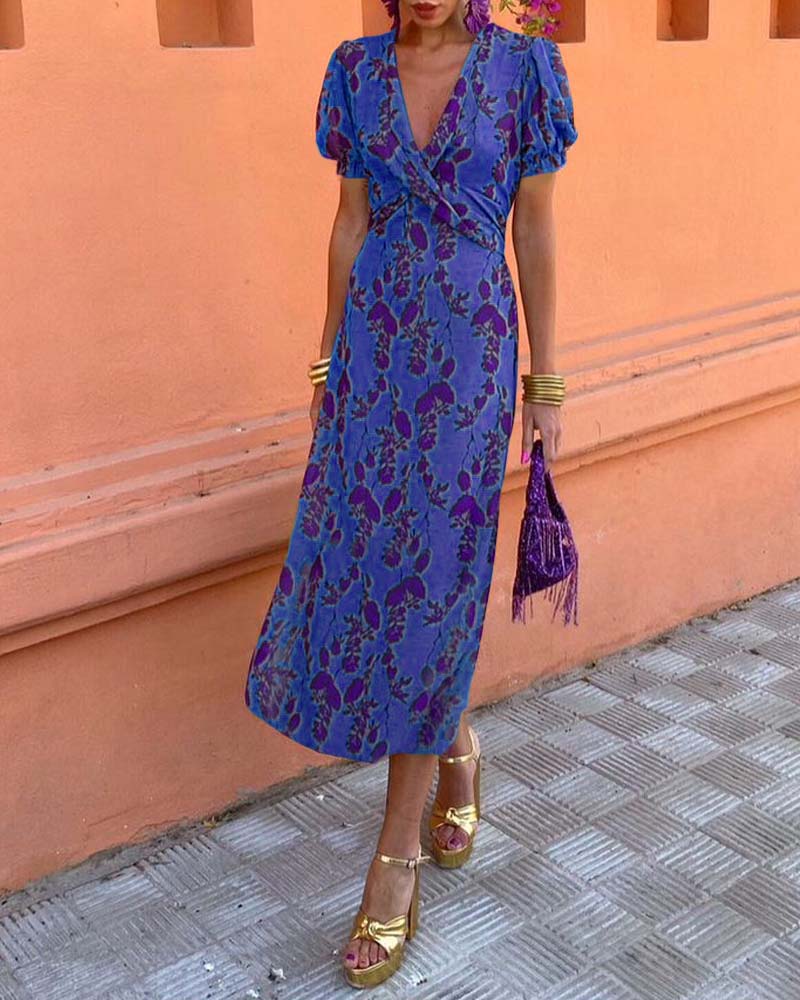 Elegant Leaf Print Deep V Puff Sleeve A-Line Dress