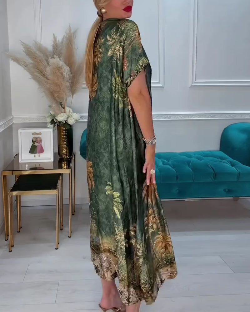 V-Neck Palm Tree Print Short Sleeve Long Dress
