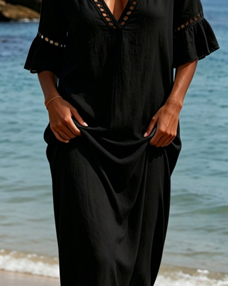 Deep V Ruffle Sleeve Hollow Lace Dress