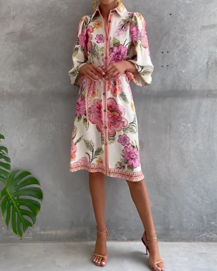 Lantern Sleeve Notched Collar Printed Dress