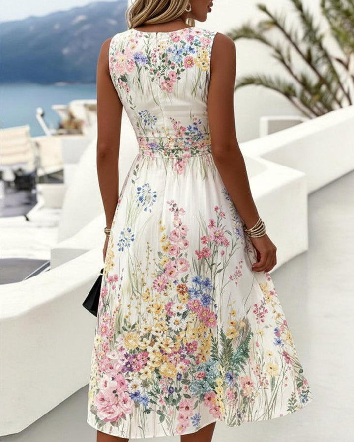 Sleeveless Floral Print Waist-Cinching Dress