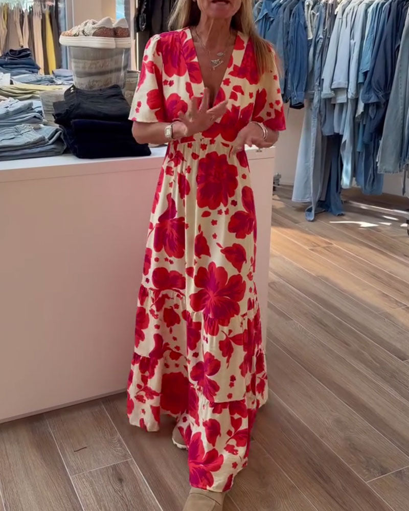 Deep V Resort Waist Printed Dress