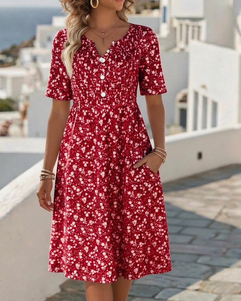 V-Neck Short-Sleeved Floral Dress