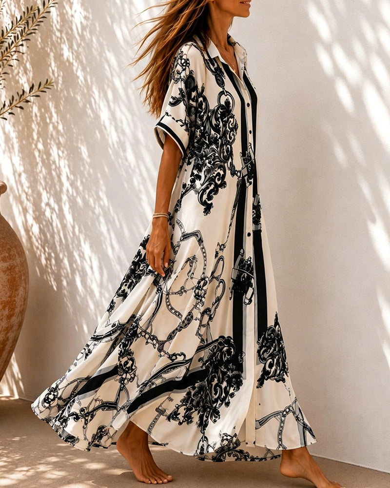 Vintage Scrollwork Lapel Shirt Dress