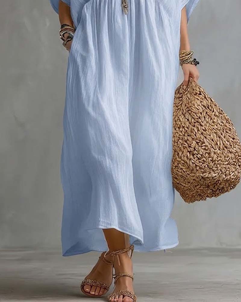 V-Neck Batwing Sleeve Flared Dress