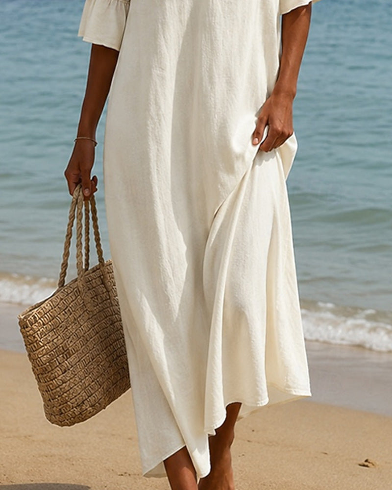 Deep V Ruffle Sleeve Hollow Lace Dress