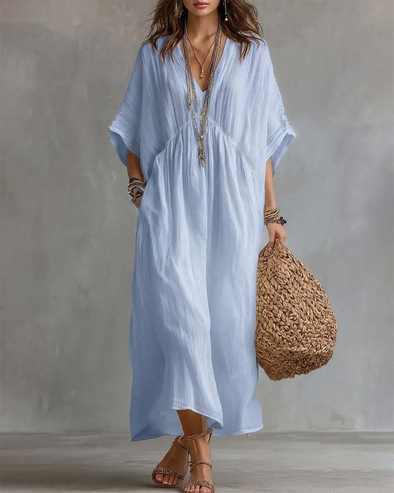 V-Neck Batwing Sleeve Flared Dress