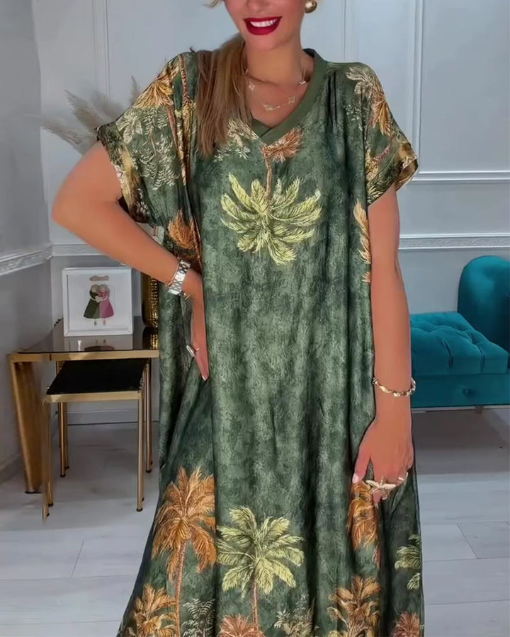 V-Neck Palm Tree Print Short Sleeve Long Dress