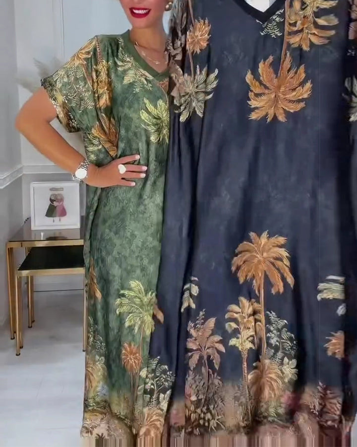 V-Neck Palm Tree Print Short Sleeve Long Dress
