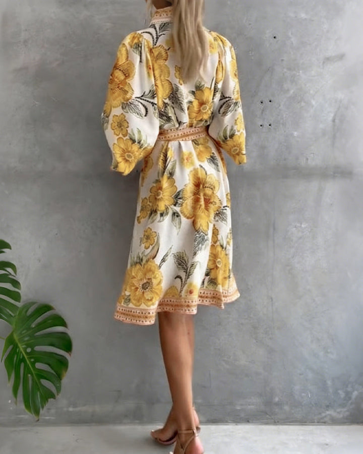 Lantern Sleeve Notched Collar Printed Dress