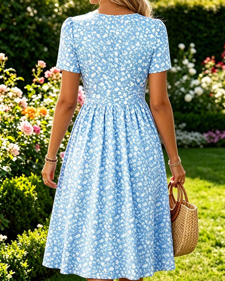 V-Neck Short SleeveTiny Floral Dress