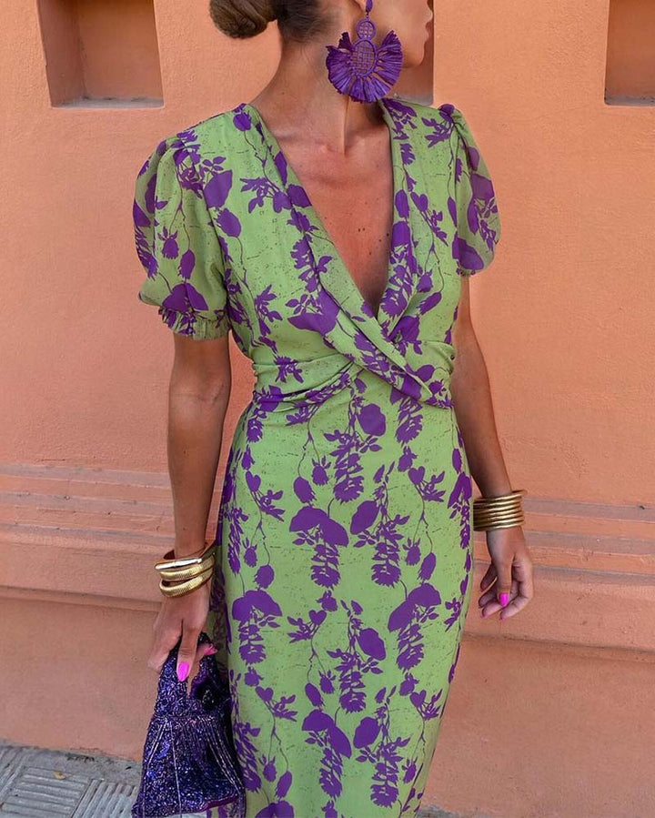 Elegant Leaf Print Deep V Puff Sleeve A-Line Dress
