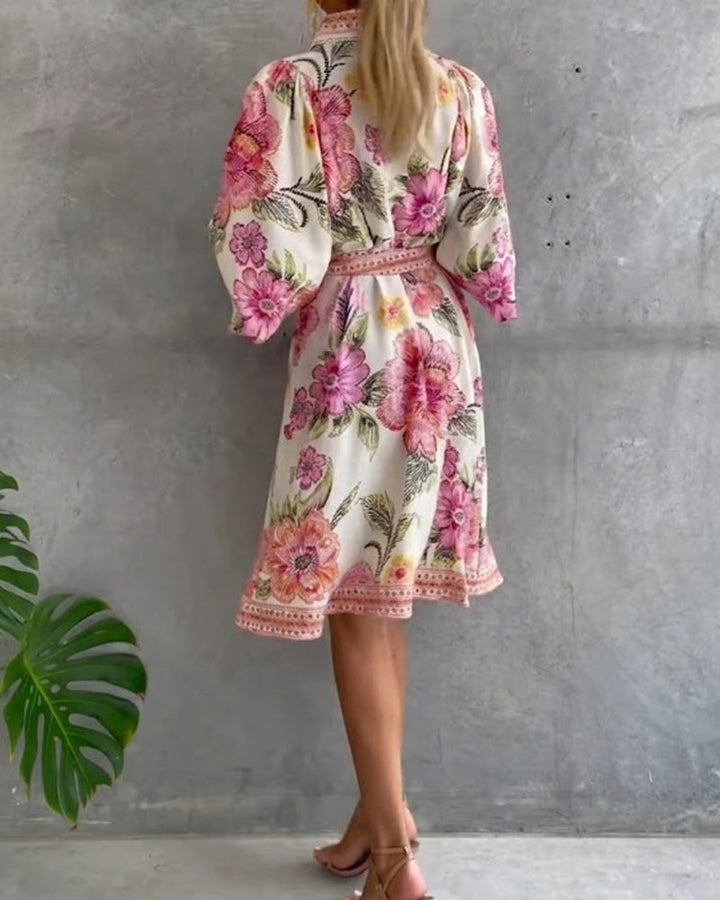 Lantern Sleeve Notched Collar Printed Dress